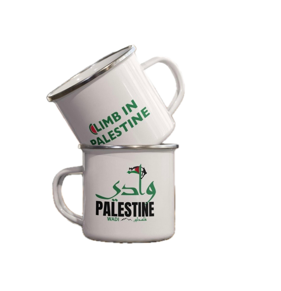 Two white enamel mugs stacked, with slogans supporting Palestine. The top mug says 'LIMB IN PALESTINE' and the bottom mug says 'PALESTINE' with a Palestinian flag and Arabic writing.
