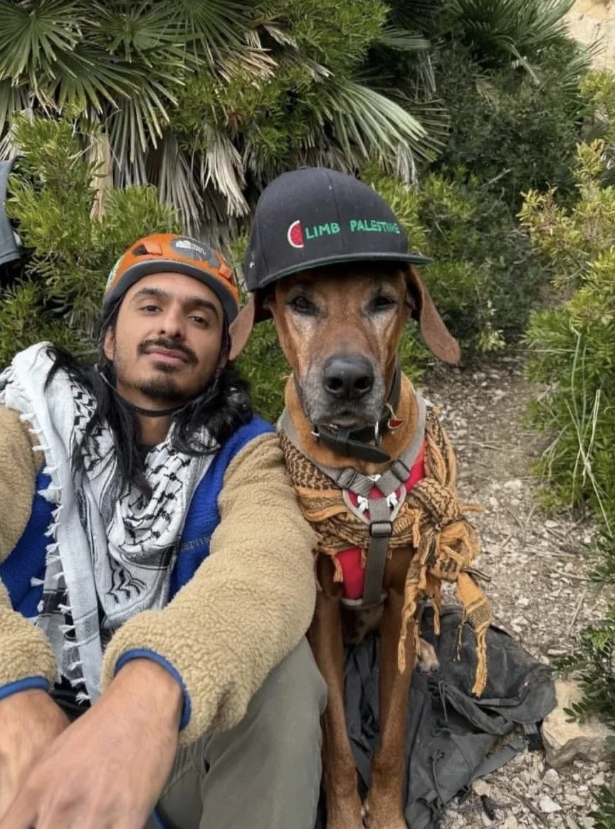A man and a dog taking a selfie outdoors. The man is wearing an orange helmet, a patterned scarf, and a blue jacket. The dog is wearing a black helmet with green writing, a harness, and a scarf. There are green bushes and plants in the background.
