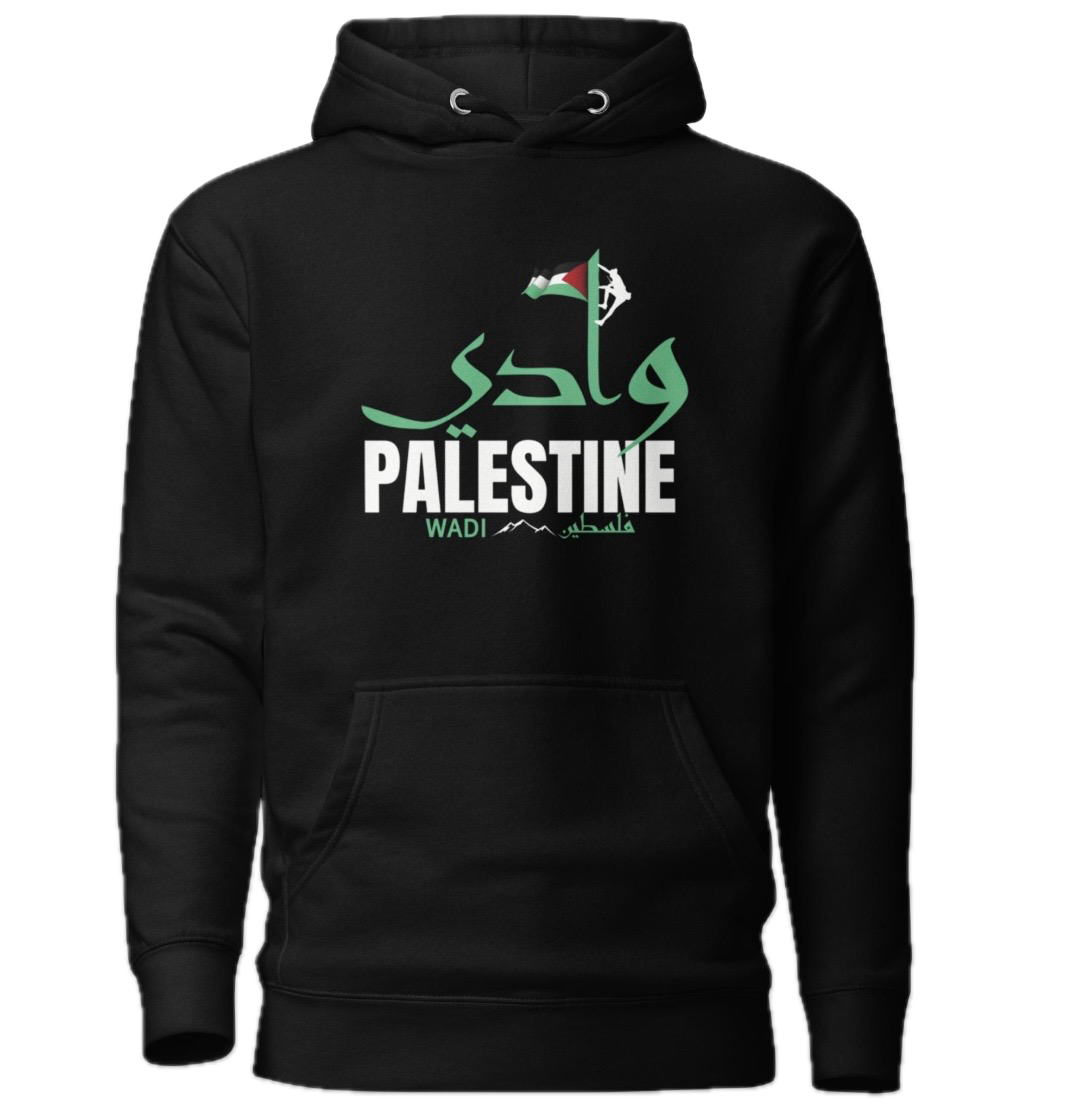 Black hoodie with a design that includes the word "Palestine" in English and Arabic, a Palestinian flag, and the word "WADI" with small mountain graphics.