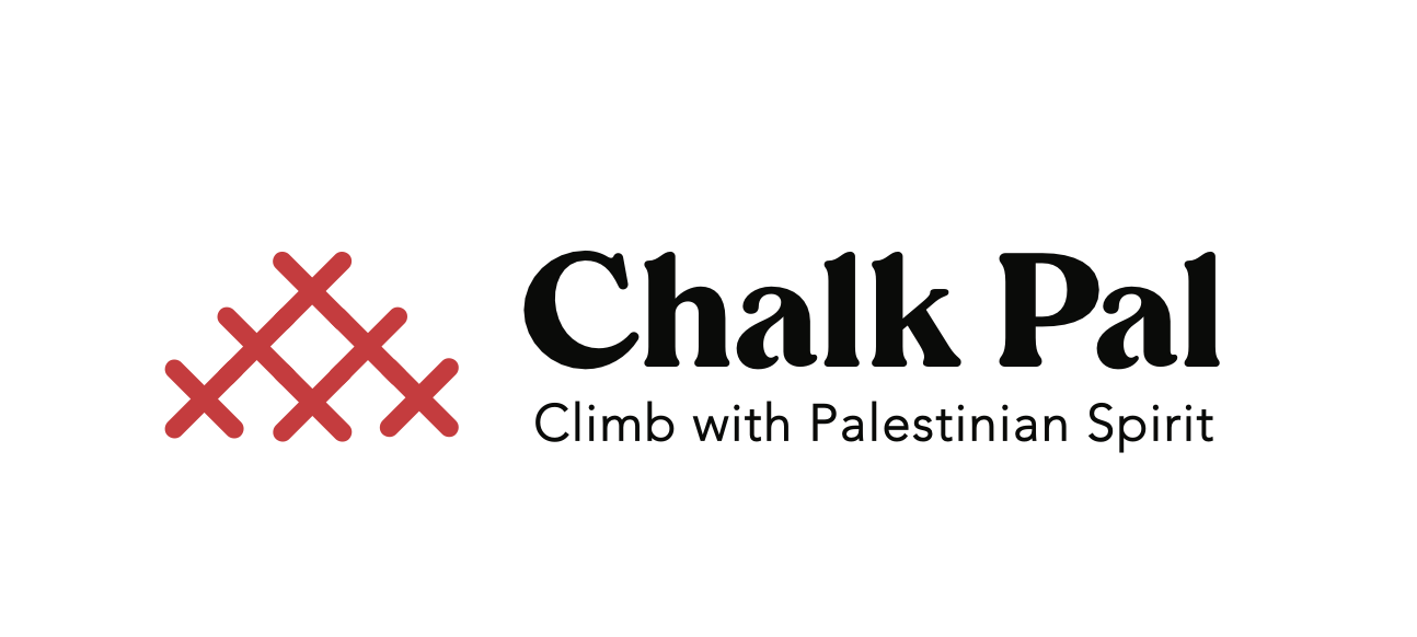 Logo for Chalk Pal with red climbing holds icon, black text 'Chalk Pal', and the tagline 'Climb with Palestinian Spirit'.