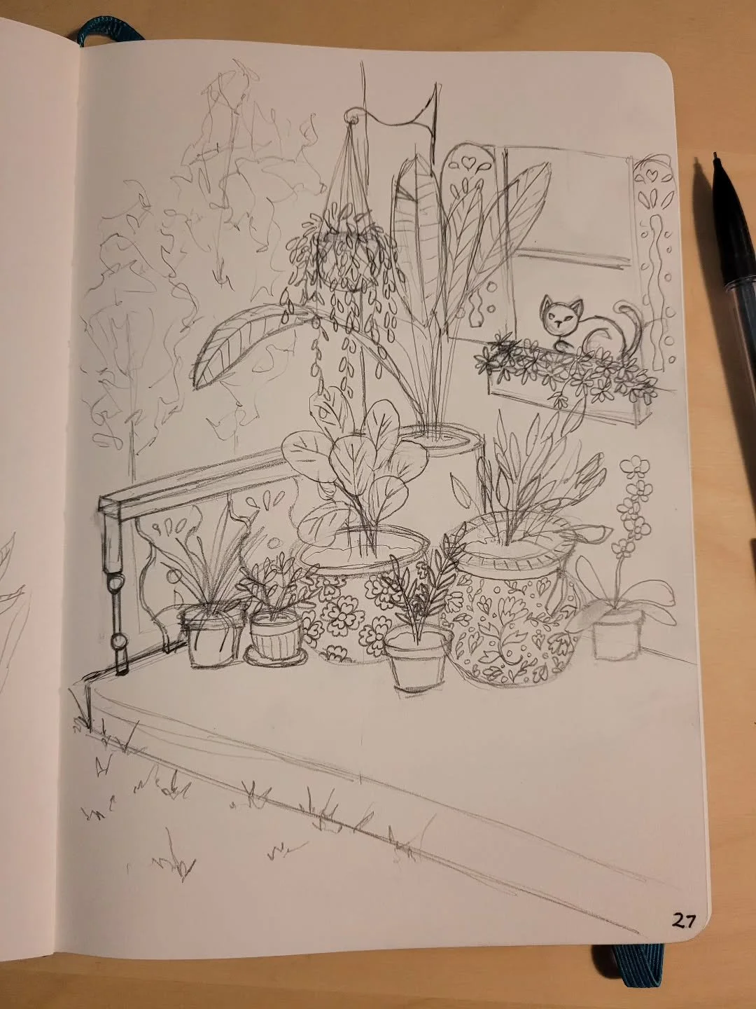 I had fun with this little sketch of a porch. I may have been inspired by a corner of my living room which is filled with a few too many plants.