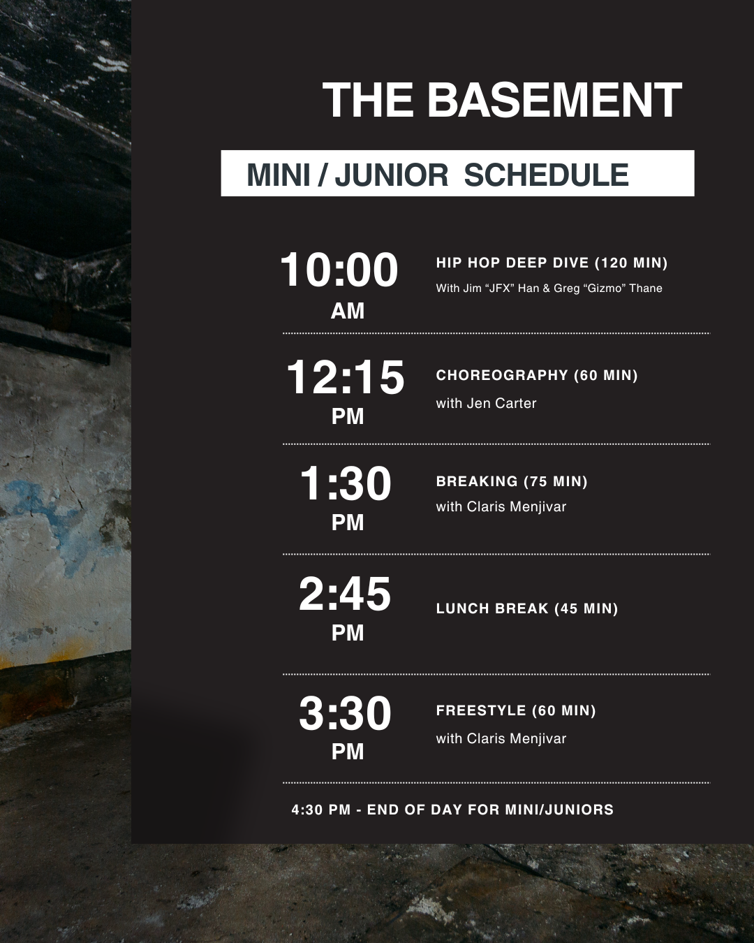 Schedule for mini and junior classes at The Basement, including hip hop, choreography, breaking, and freestyle with times and instructors listed.