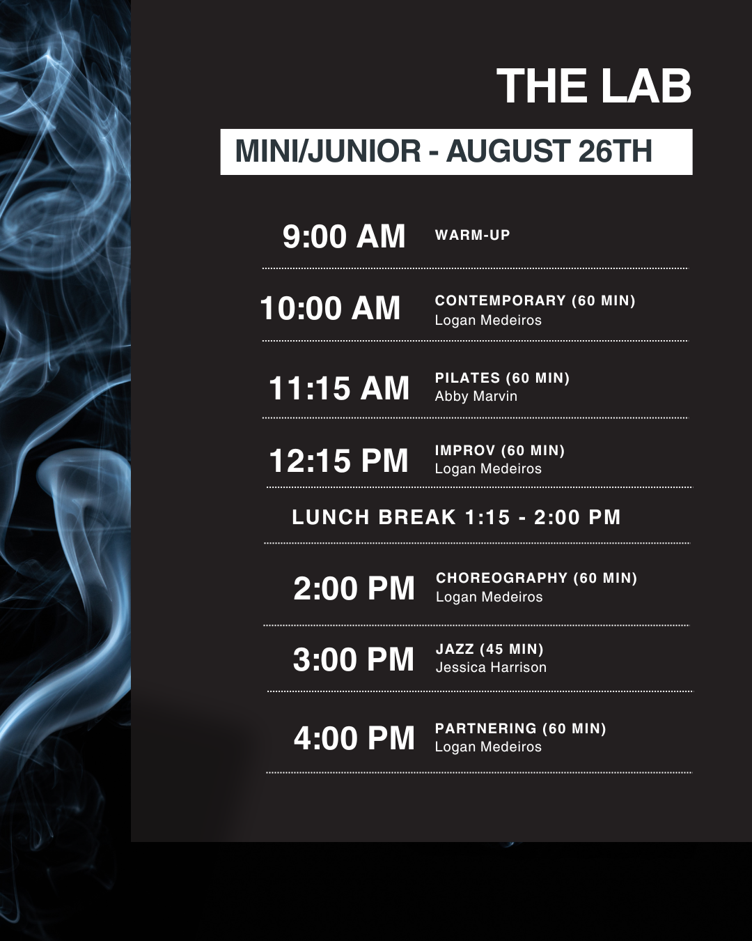 Schedule for The Lab mini/junior program on August 26th featuring activities like warm-up, contemporary dance, Pilates, improv, choreography, jazz, and partnering, with instructors Logan Medeiros, Abby Marvin, and Jessica Harrison.