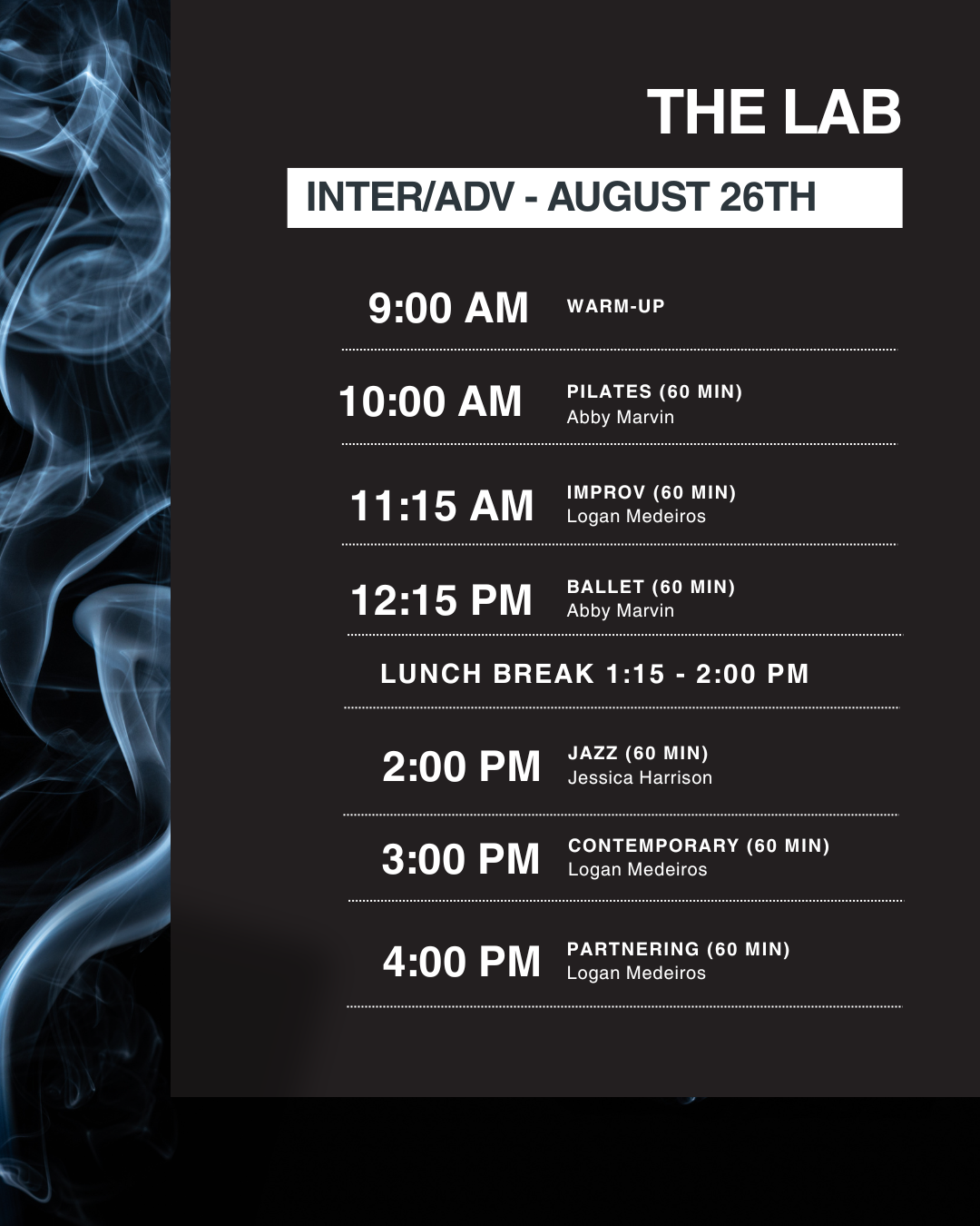 Schedule for The Lab event on August 26th with various activities including warm-up, Pilates, improvisation, ballet, jazz, contemporary dance, and partnering class, listing times and instructors.