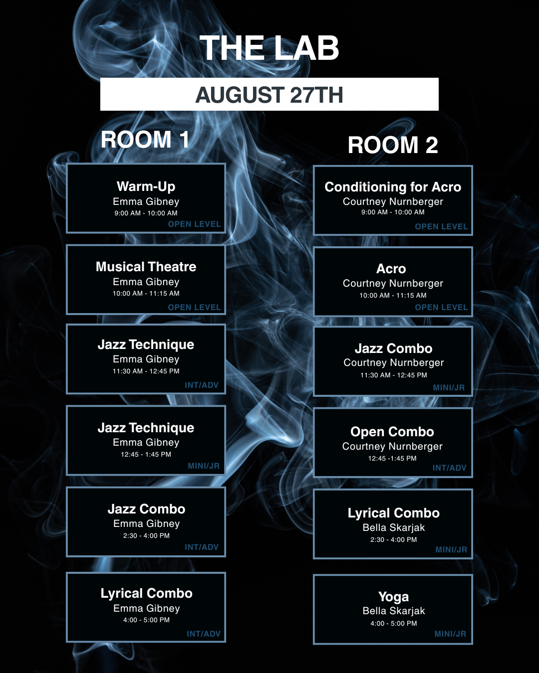 Schedule for The Lab on August 27th, showing classes in Room 1 and Room 2, including timings, instructors Emma Gibney and Courtney Nurnberger, and class levels.