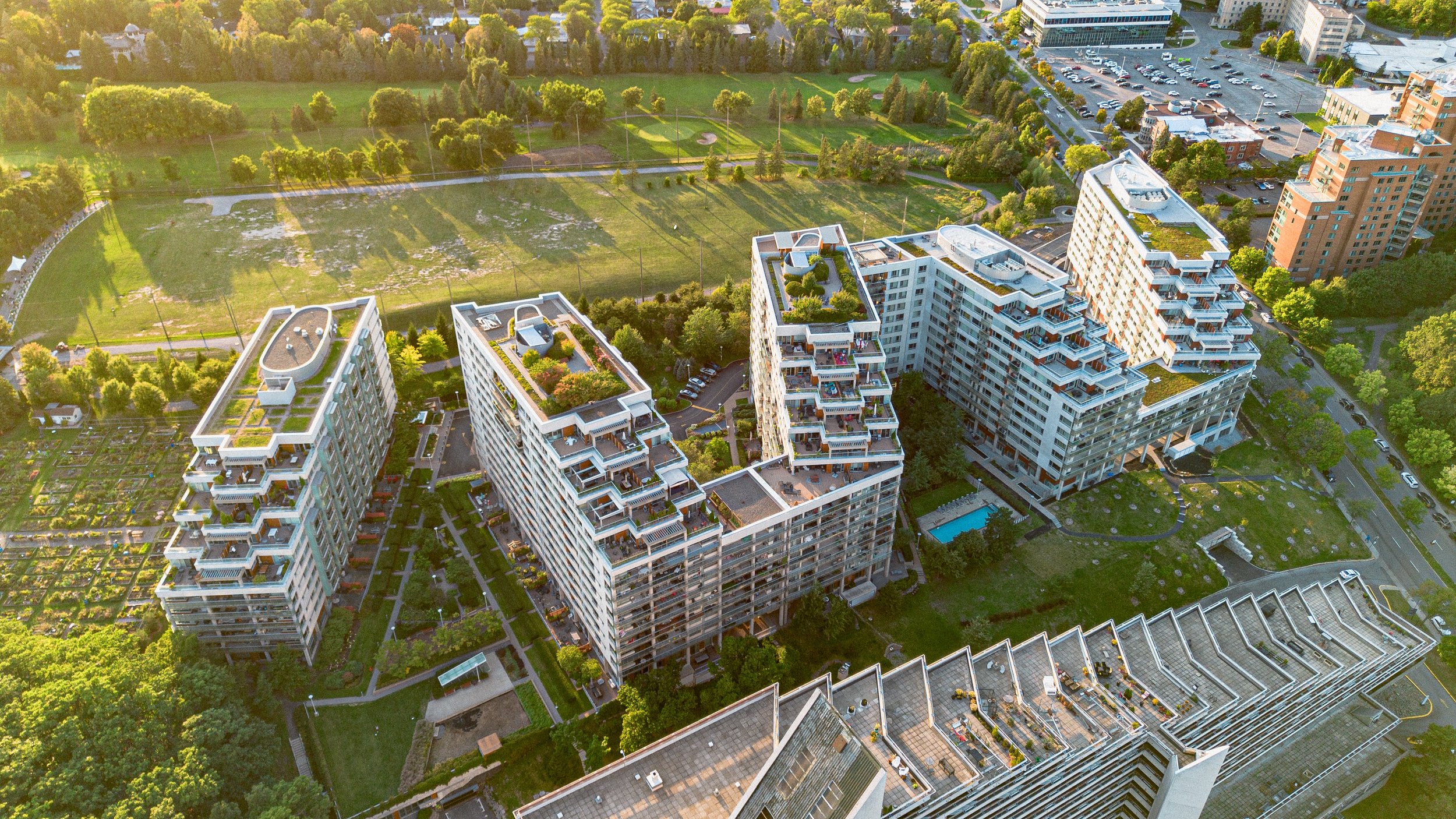 Appartment buildings drone shot at sunset
