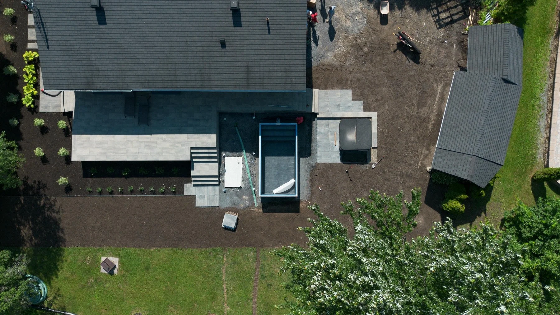 aerial shot of a backyard in construction