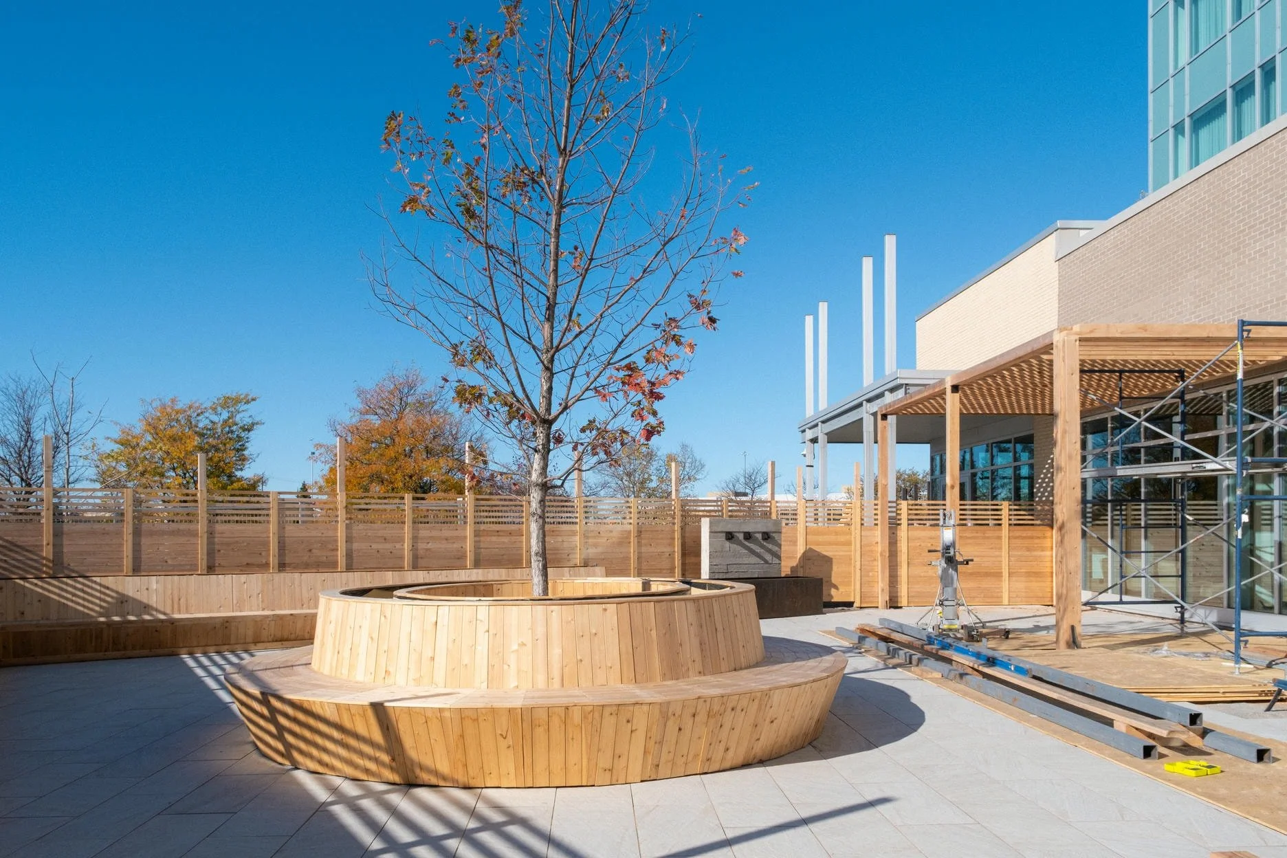 Wooden bench under construction in cold sunny weather