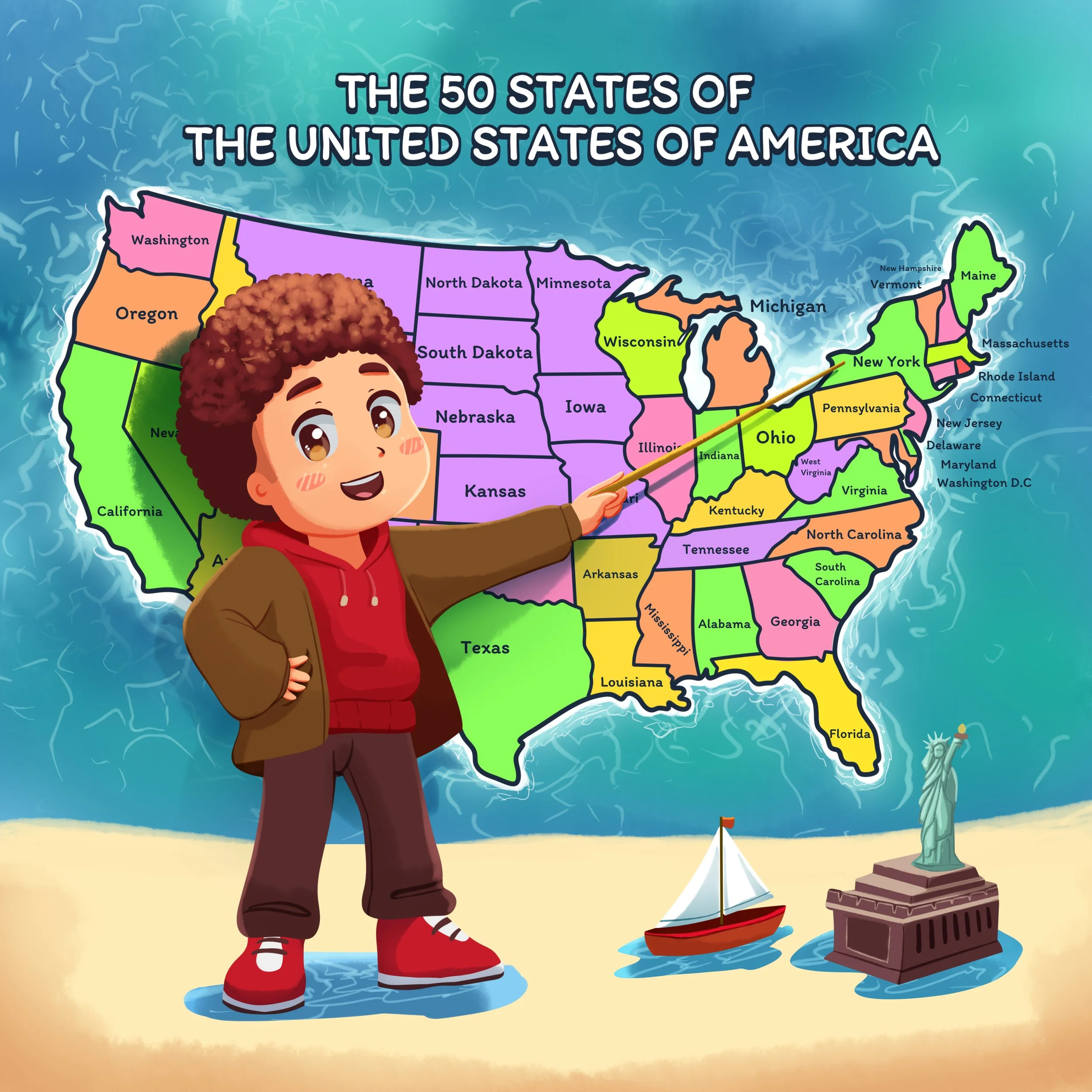A colorful map of the United States with state names and colors, featuring a cartoon child pointing to Ohio. The background has the Statue of Liberty and a small sailboat in water.