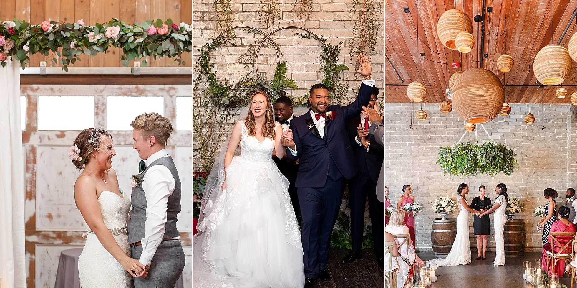 Three different ceremony space options are shown at Within Sodo which include exposed brick and reclaimed wood.