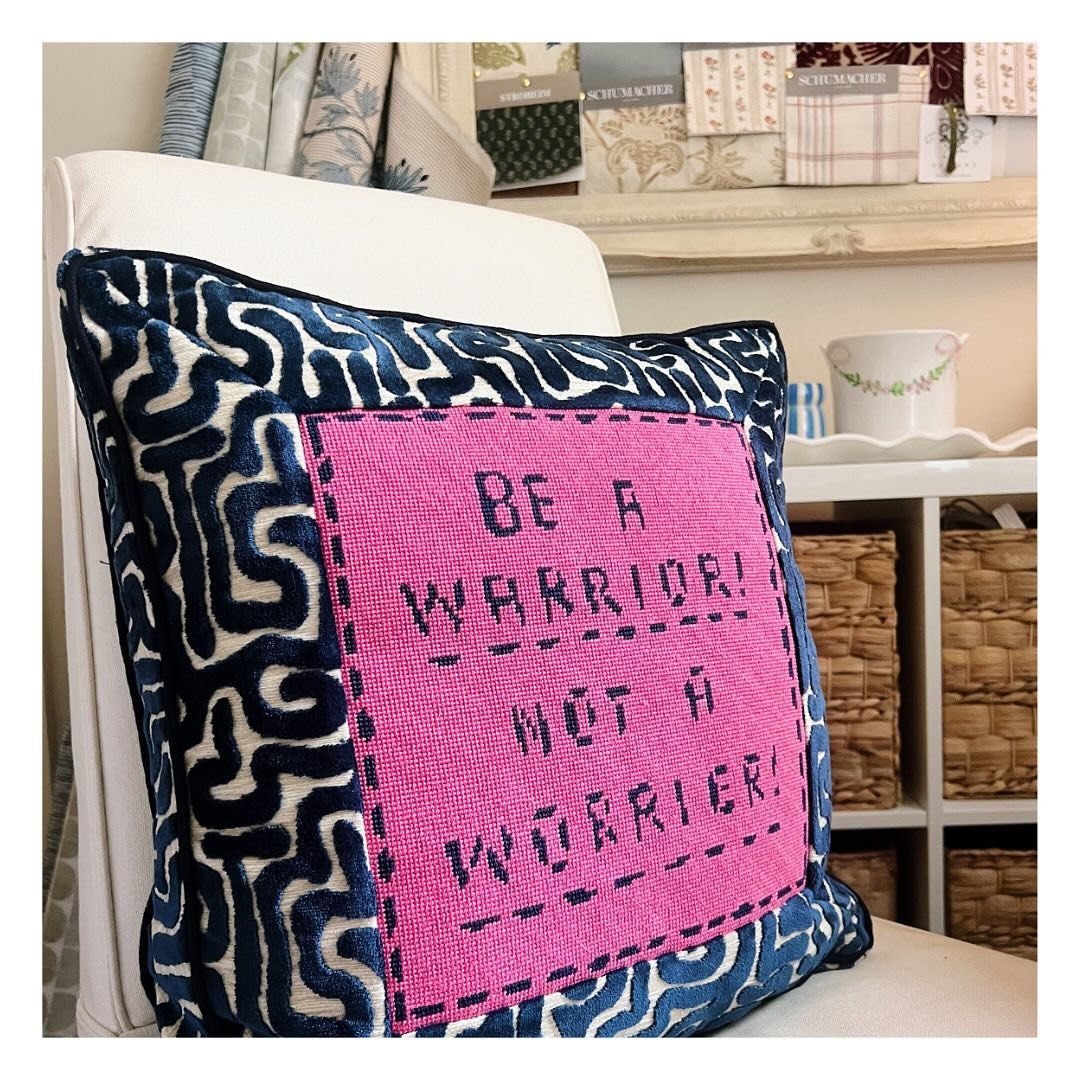 A bold needlepoint brought to life with box construction, rich navy cut velvet sides, and a contrast welt. One-of-a-kind and made to make a statement!!