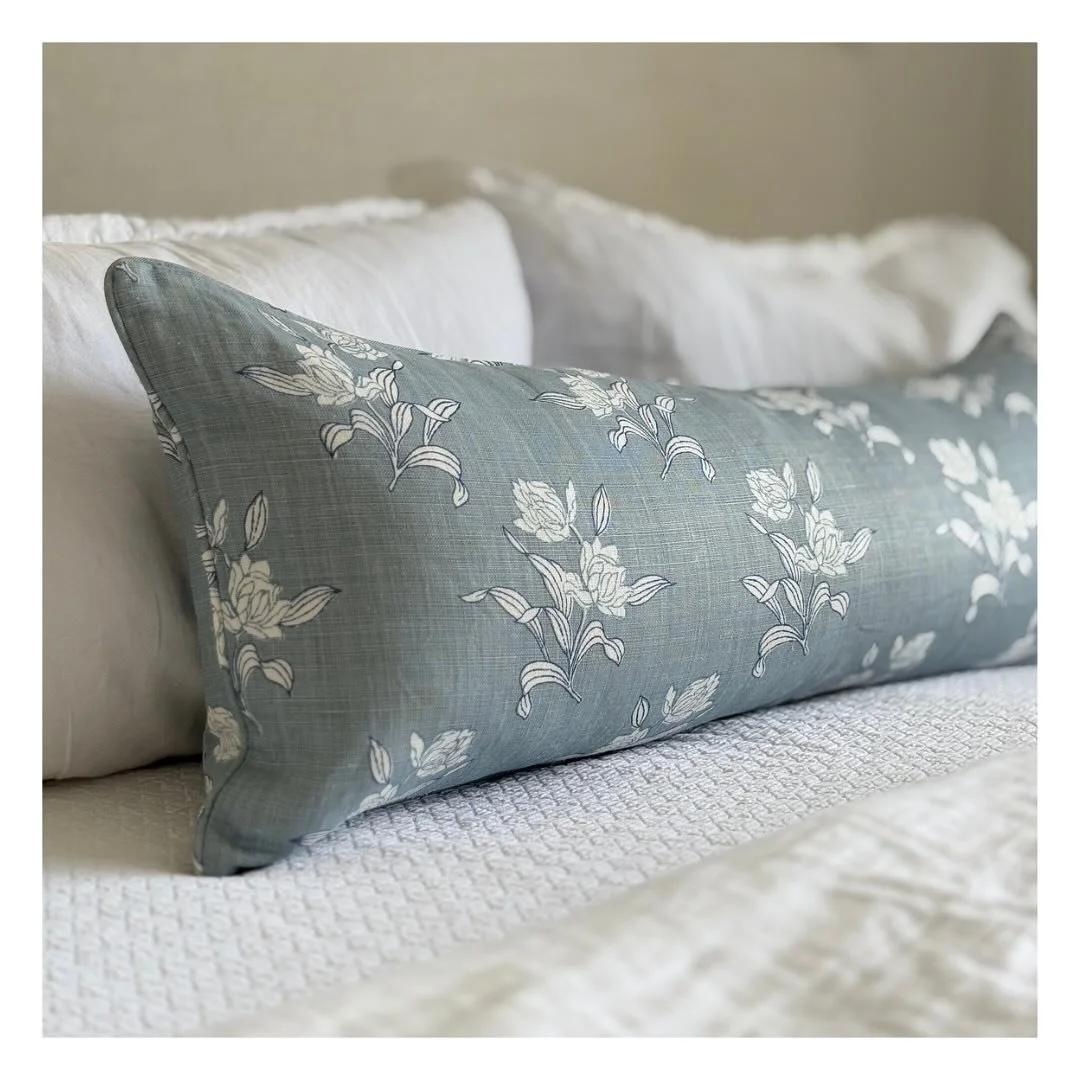 This lumbar in Fleur Sauvage &ndash; Antique Blue by Alice Sergeant has such an elegant ease. A personal favorite lately 🤍