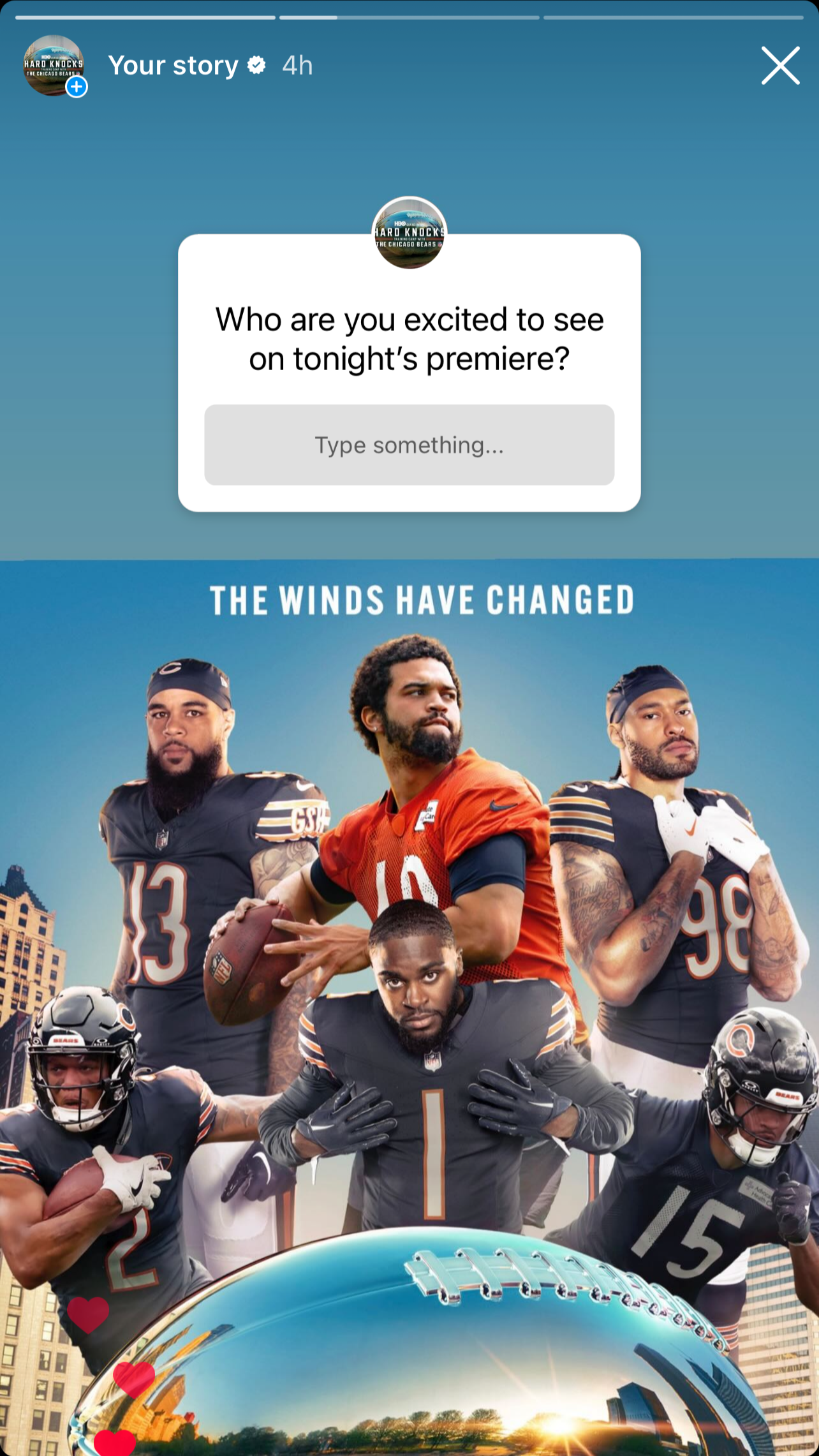 Promotional image for a sports event featuring Chicago Bears football players with the text "The Winds Have Changed" and a reflection-filled silver football.