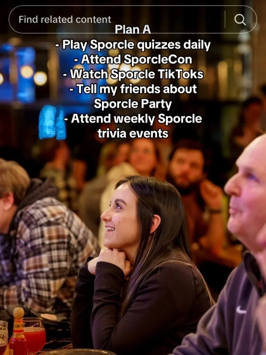 Young woman smiling and watching a presentation or event at a bar or restaurant, with text listing a plan for college sorority activities including quizzes, attending conventions, watching TikToks, telling friends about a sorority party, and attending trivia events.