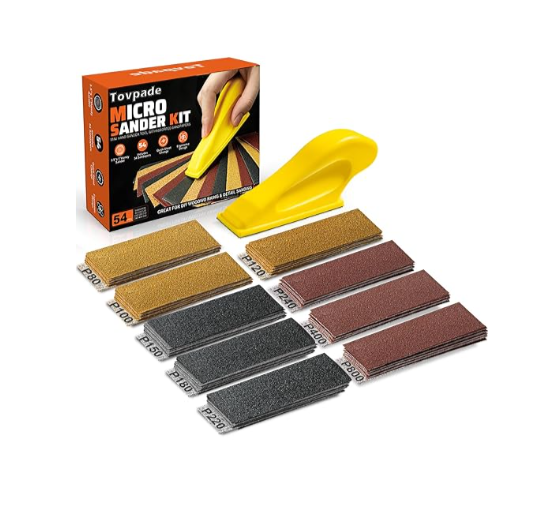 this micro sander comes with sandpaper and works great on edges and crevices