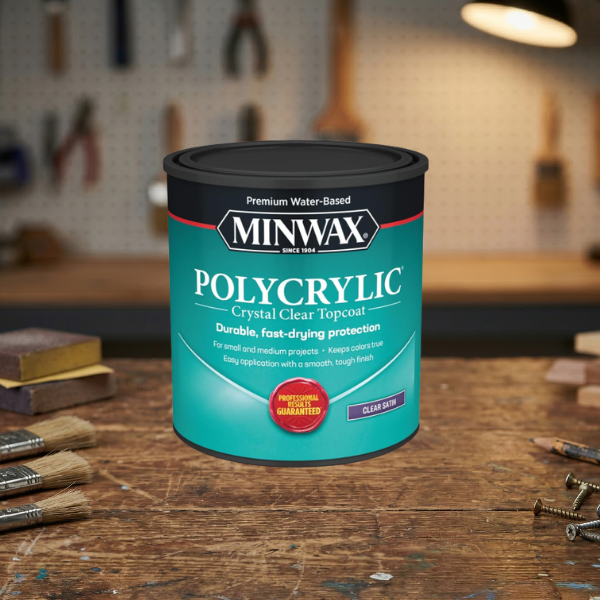 water-based topcoat - give oil-based stain at least 72 hours of dry time before applying this on top