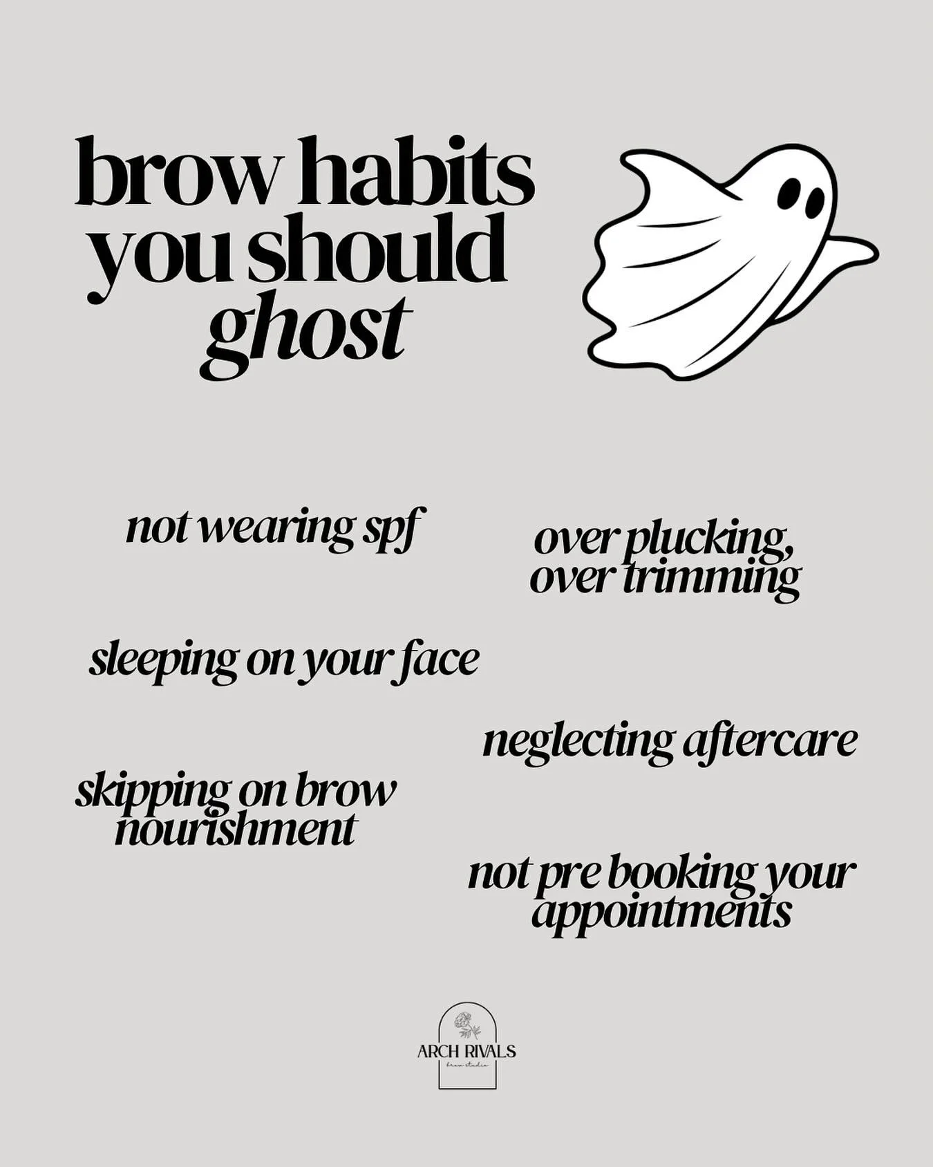 ghost these bad habits. this halloween, the only thing spooky should be your costume, not your brows 🫢👻

ARCH RIVALS BROW STUDIO
follow @archrivalsbrowstudio for more! 

📍Port Coquitlam, BC

brow lamination tinting tint wax waxing microblading pmu