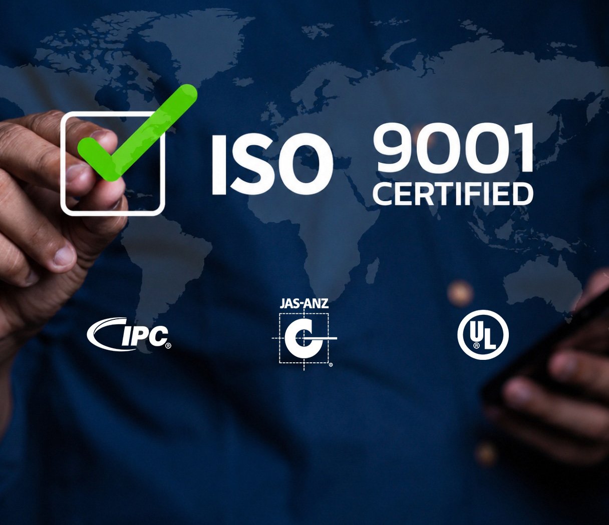 ISO 9001 certified electronic manufacturing company displaying IPC, UL, and JAS-ANZ accreditations, demonstrating quality assurance, compliance, and industry-standard PCB assembly and electronics manufacturing services.