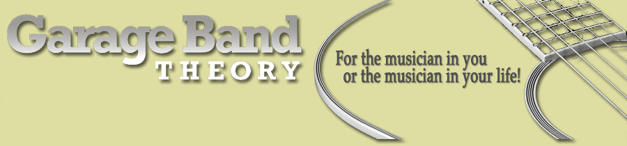 Garage Band Theory logo with tagline "For the musician in you or the musician in your life" and part of a guitar image.