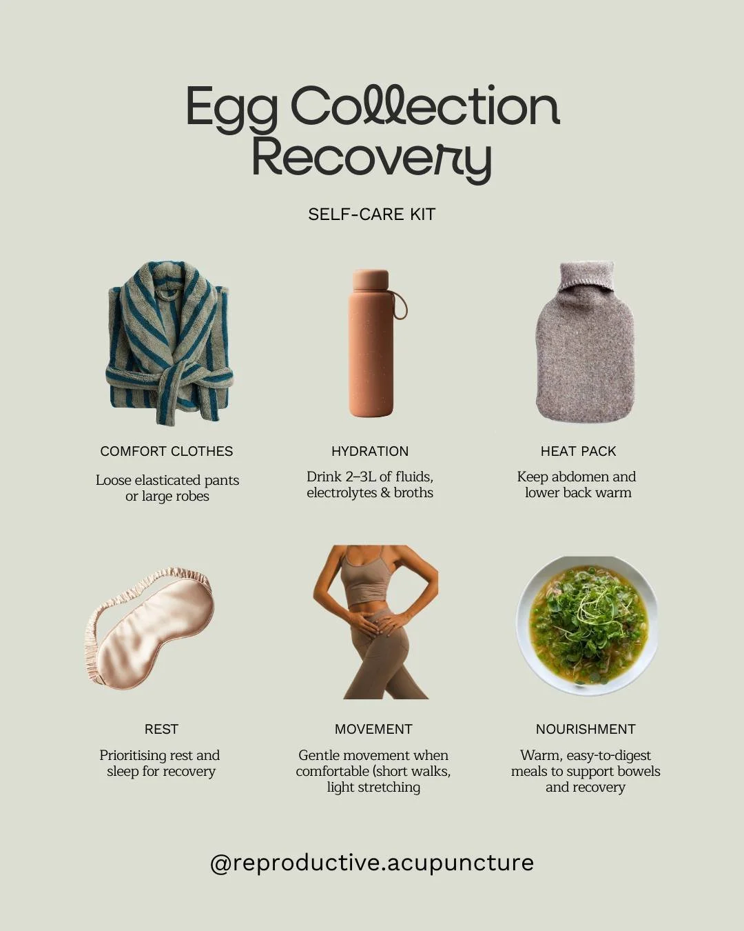 Egg collection is a big day, both physically and emotionally. Prioritising recovery afterwards is extremely important.

In the days following your collection, your body is working hard to reduce inflammation, rebalance fluids, and recover from both t