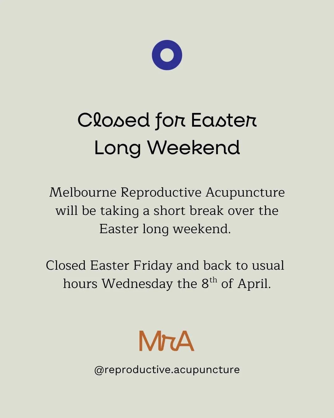 Easter Clinic Hours

We'll be taking a short break over the Easter long weekend and will be closed from Friday 3 April &ndash; Tuesday 7 April. We'll be back to our normal hours on Wednesday, 8 April.

If you need an appointment before the break, we 