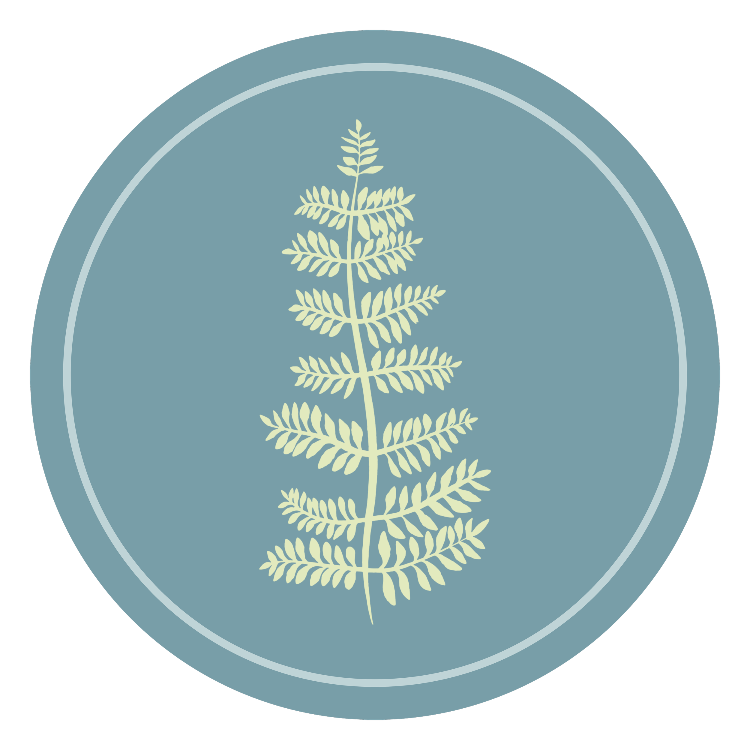 Stylized pale yellow fern illustration inside a blue circular border on a black background