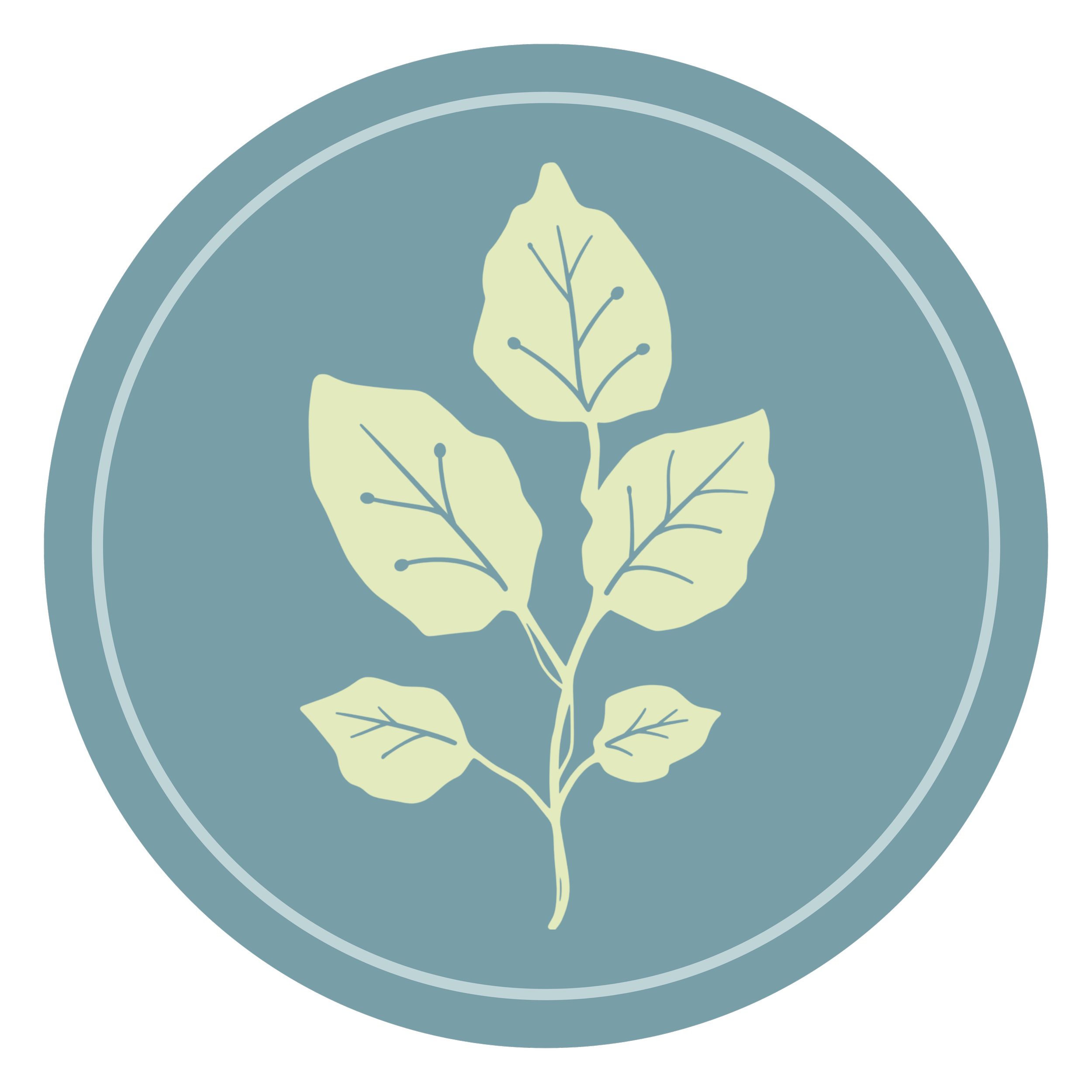 Stylized green leafy plant illustration inside a blue circular frame