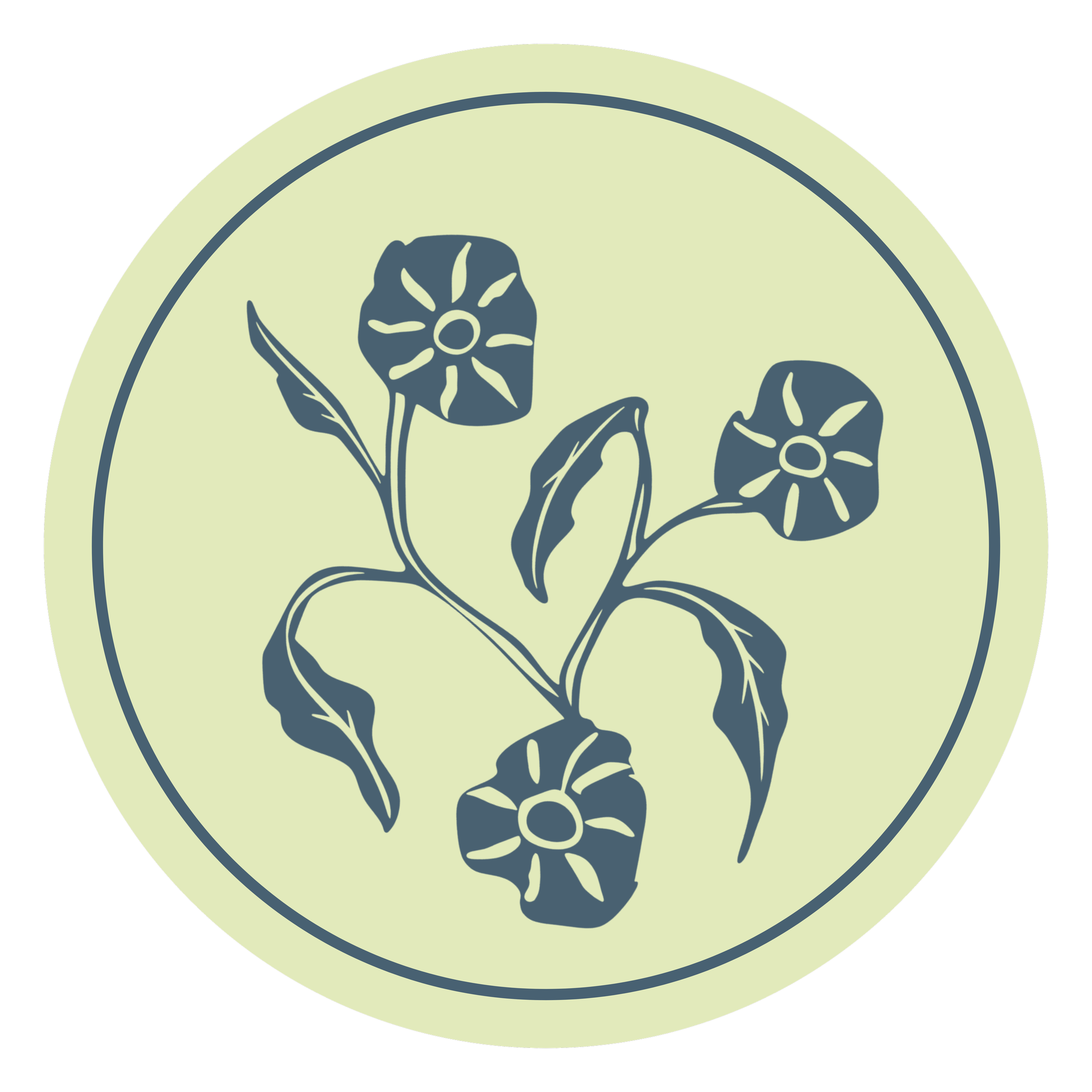 Vintage-style botanical illustration of blue flowers and leaves inside a pale green circular frame