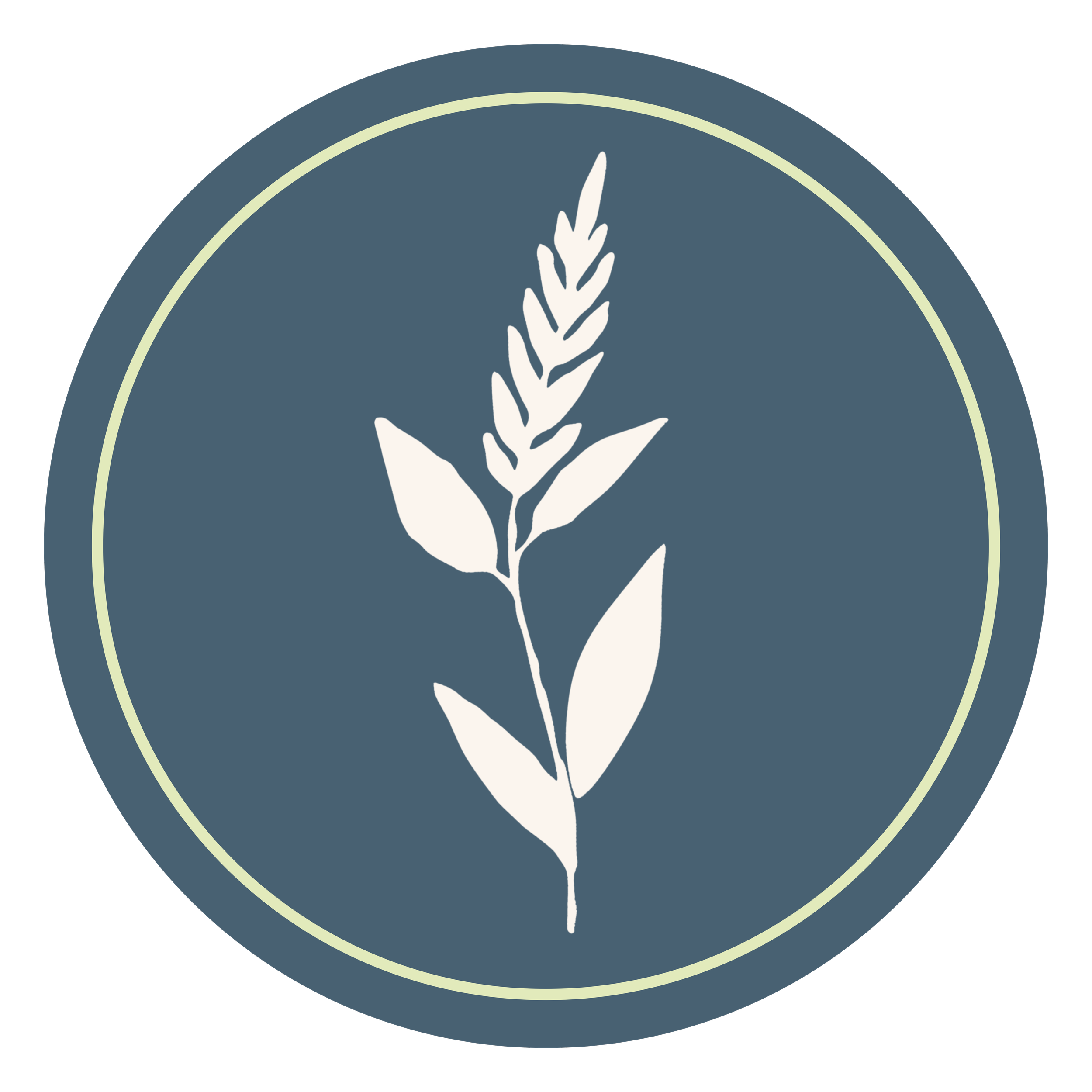 Stylized cream wheat stalk inside a blue circular emblem with a pale yellow border