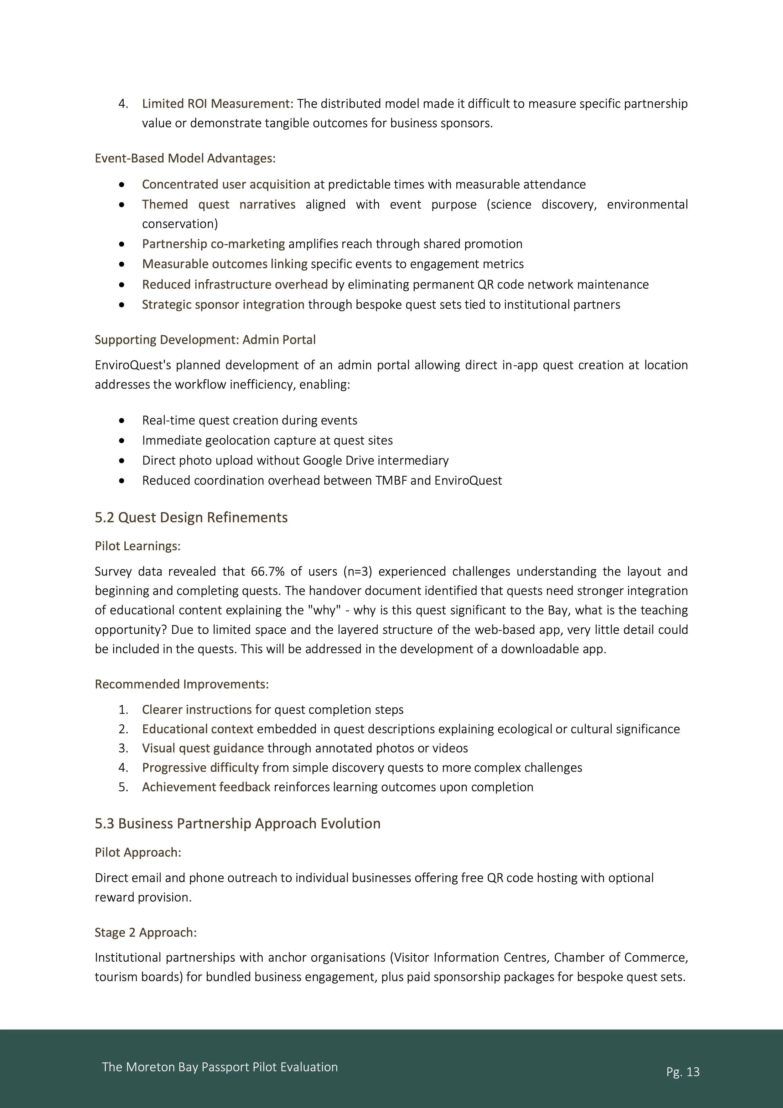 A page from a report or presentation detailing various aspects of event-based models, quest design, and business partnership strategies, including bullet points, section headers, and a footer with title and page number.