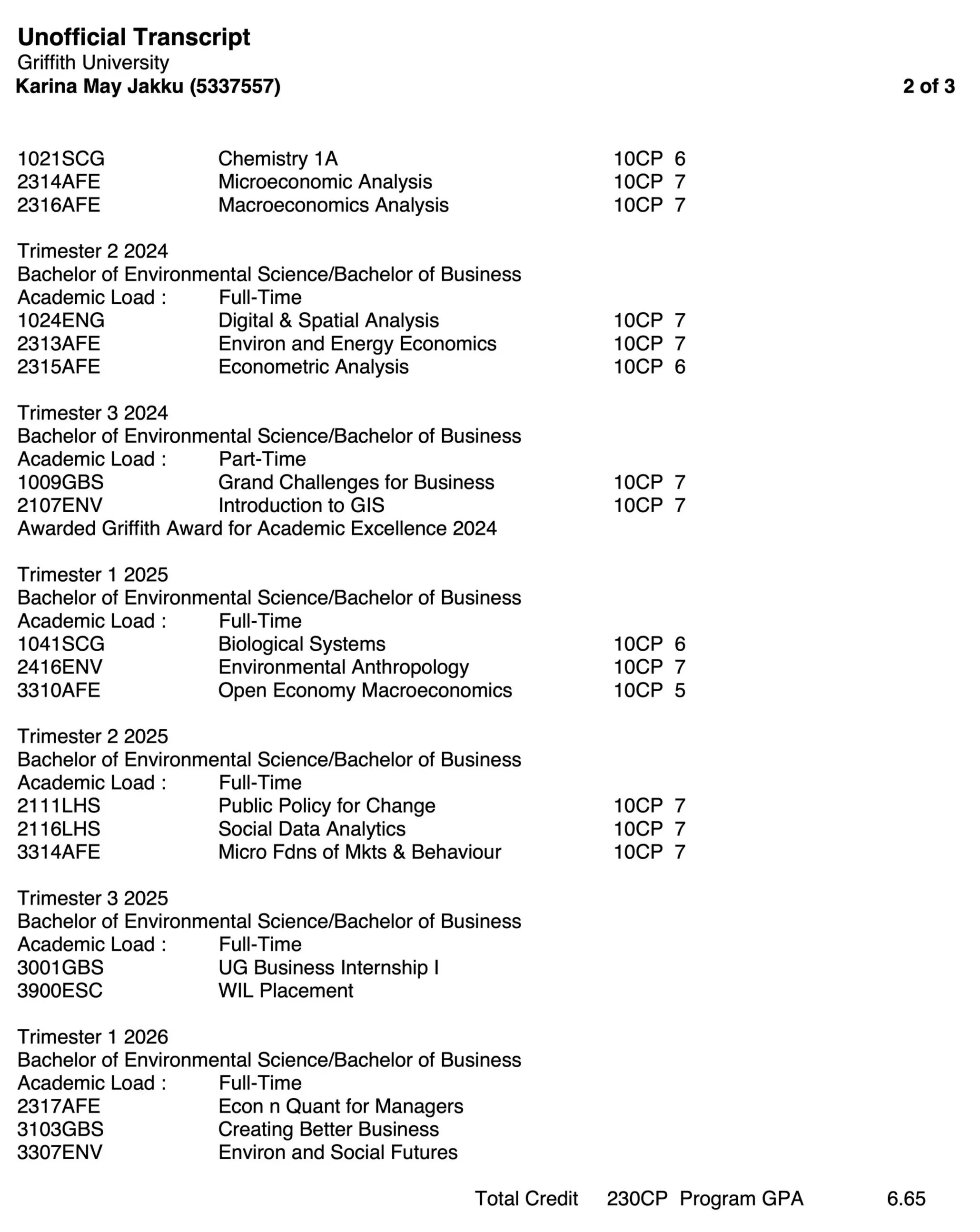 Unofficial academic transcript from Griffith University for Karina May Jakku, listing courses taken from 2024 to 2026 in environmental science and business, with credits and grades, including awards and internships.