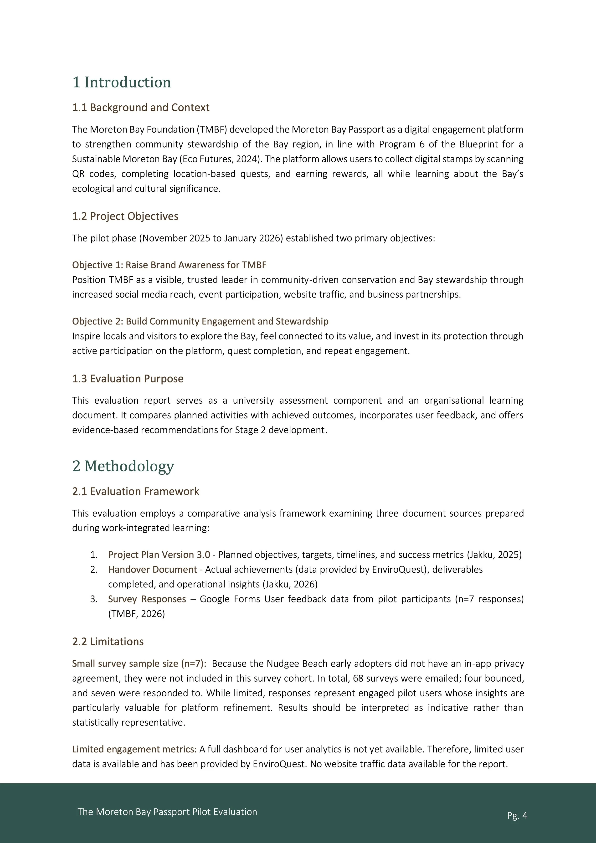 A document titled 'The Moreton Bay Passport Pilot Evaluation' with sections on Introduction, Methodology, Background, Project Objectives, Evaluation Purpose, Evaluation Framework, and Limitations, pages 4 and 5 visible.