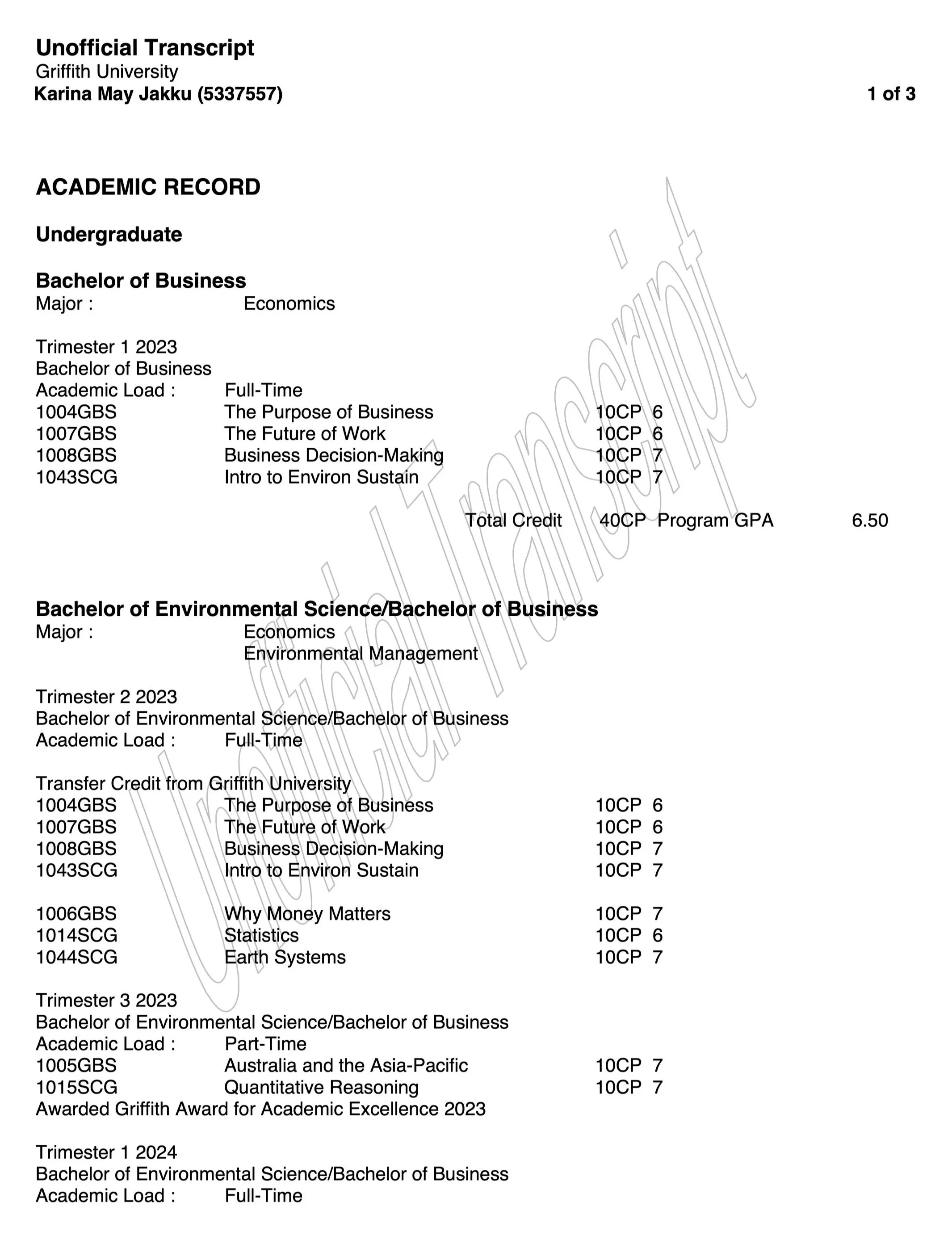 Academic transcript from Griffith University for Karina May Jakku showing undergraduate and environmental science courses with credits and GPA.