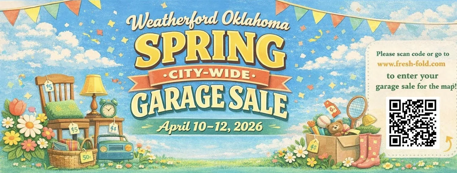 Colorful flyer advertising the Weatherford, Oklahoma Spring City-Wide Garage Sale from April 10 to 12, 2026. The background features a blue sky with clouds, decorative bunting at the top, and spring-themed illustrations including flowers, a chair with a pillow, a lamp, an alarm clock, a toy truck, a basket, and a box of toys and sports equipment.