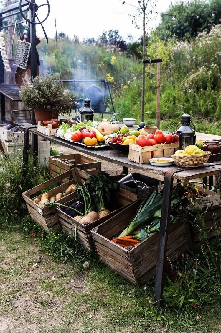 Een buitentafel met vers geoogste groenten en fruit, omgeven door groene planten en een landelijke tuinomgeving.