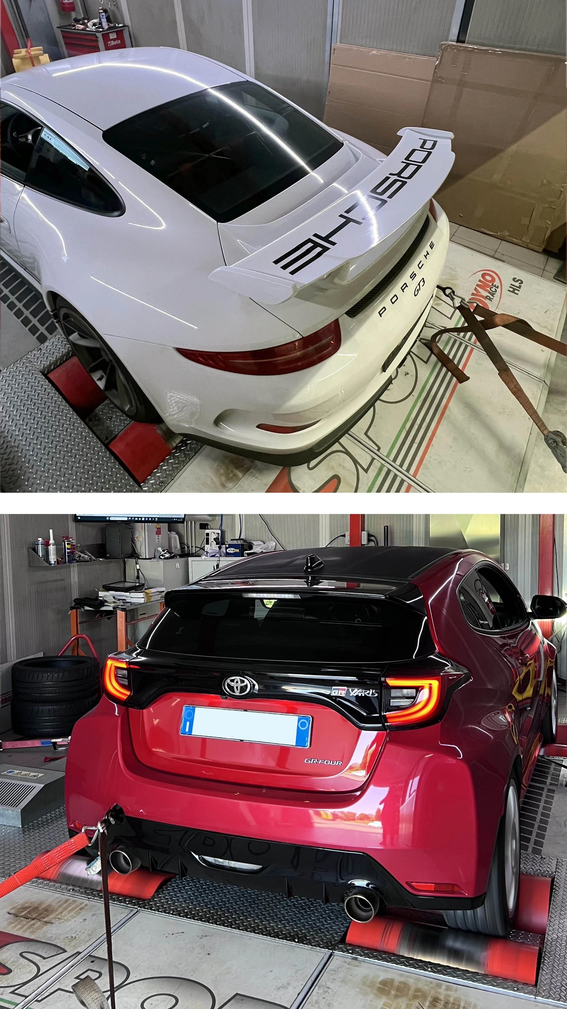 Due auto sportive, una Porsche e una Toyota, sono parcheggiate in un'officina di prove su una piattaforma di diagnosi o calibrazione.