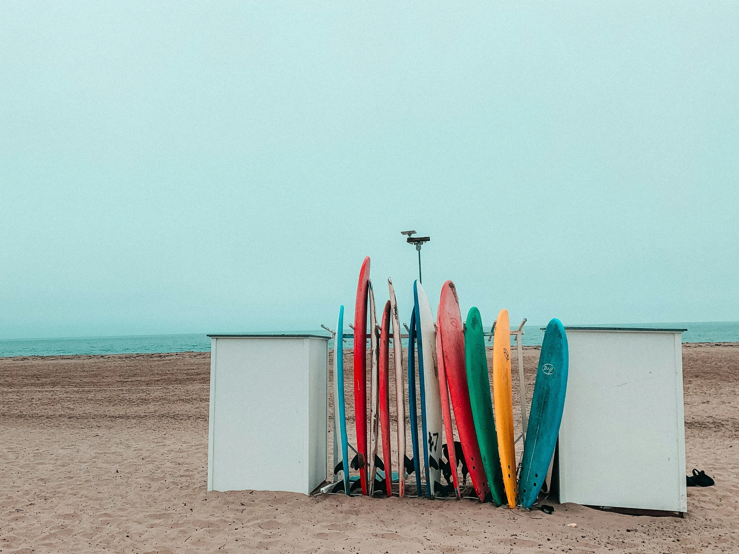Planches de surf colorées alignées sur la plage près de la mer.