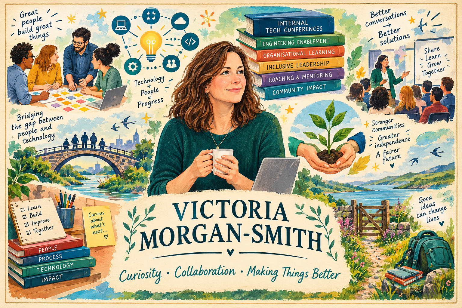 Illustrated professional profile collage for Victoria Morgan-Smith, featuring technology, collaboration, leadership, mentoring, community impact, and learning themes.