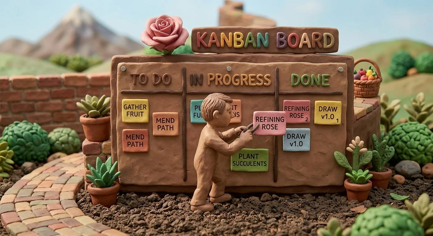 A terracotta-colored Kanban board made of clay with colorful notes and a small clay figure of a person working on it, surrounded by small potted plants, in a garden-like setting with a mountain in the background.