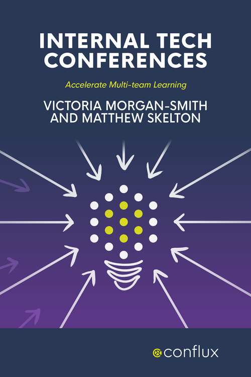 Thje cover of the book called Internal Tech Conferences. It is a purple gradient with a lightbulb in the middle