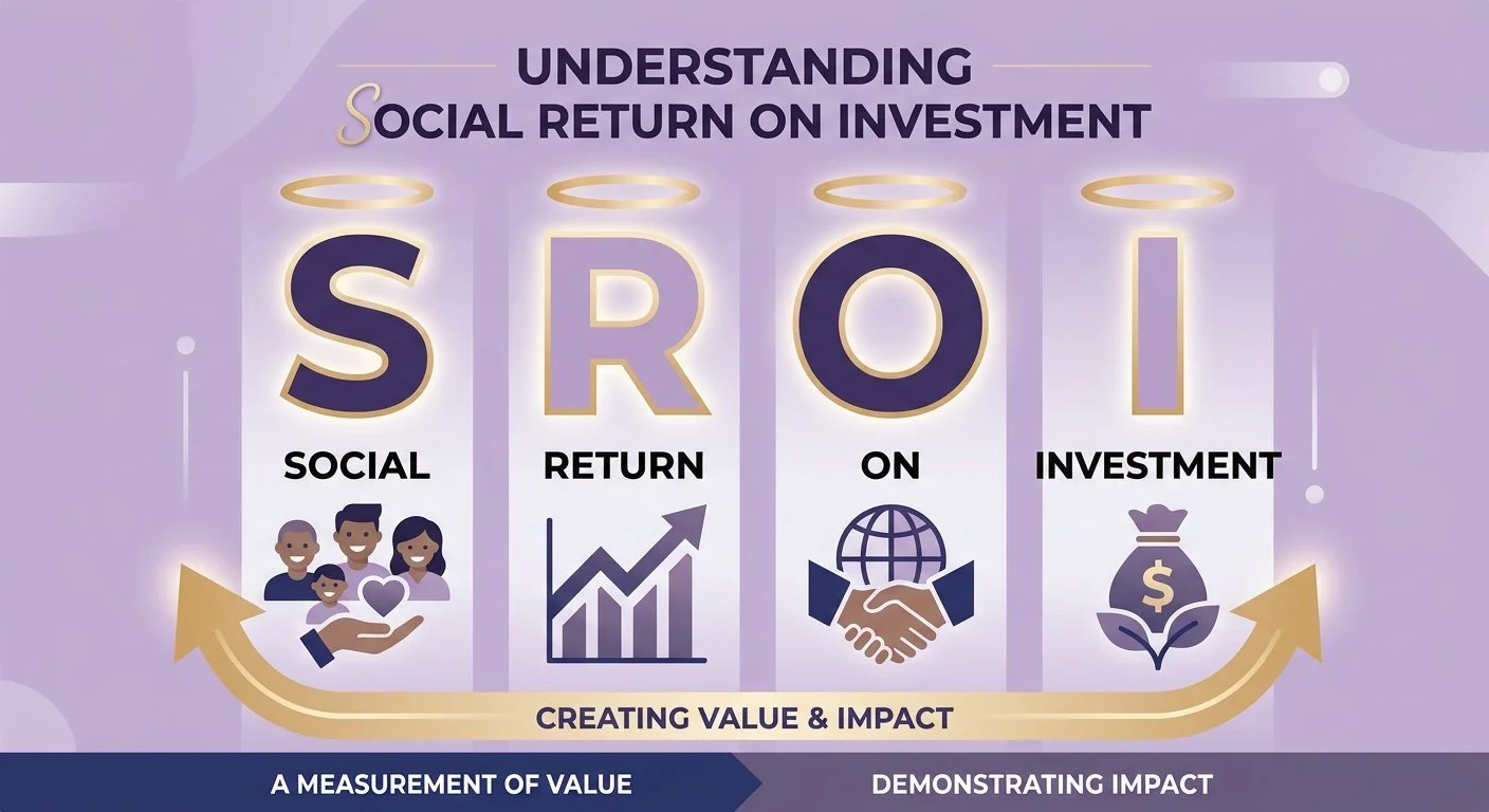 A digital infographic explaining the concept of Social Return on Investment (SROI). It includes the words 'Understanding Social Return on Investment' at the top, with the abbreviation 'SROI' in large letters. Each letter stands for a different concept: S for Social (represented by a hand holding a family), R for Return (depicted with an upward trending graph), O for On (shown as a handshake over a globe), and I for Investment (symbolized by a money bag). A gold arrow curves below these, connecting the concepts and emphasizing creating value and impact, with the phrases 'A measurement of value' and 'Demonstrating impact' at the bottom.