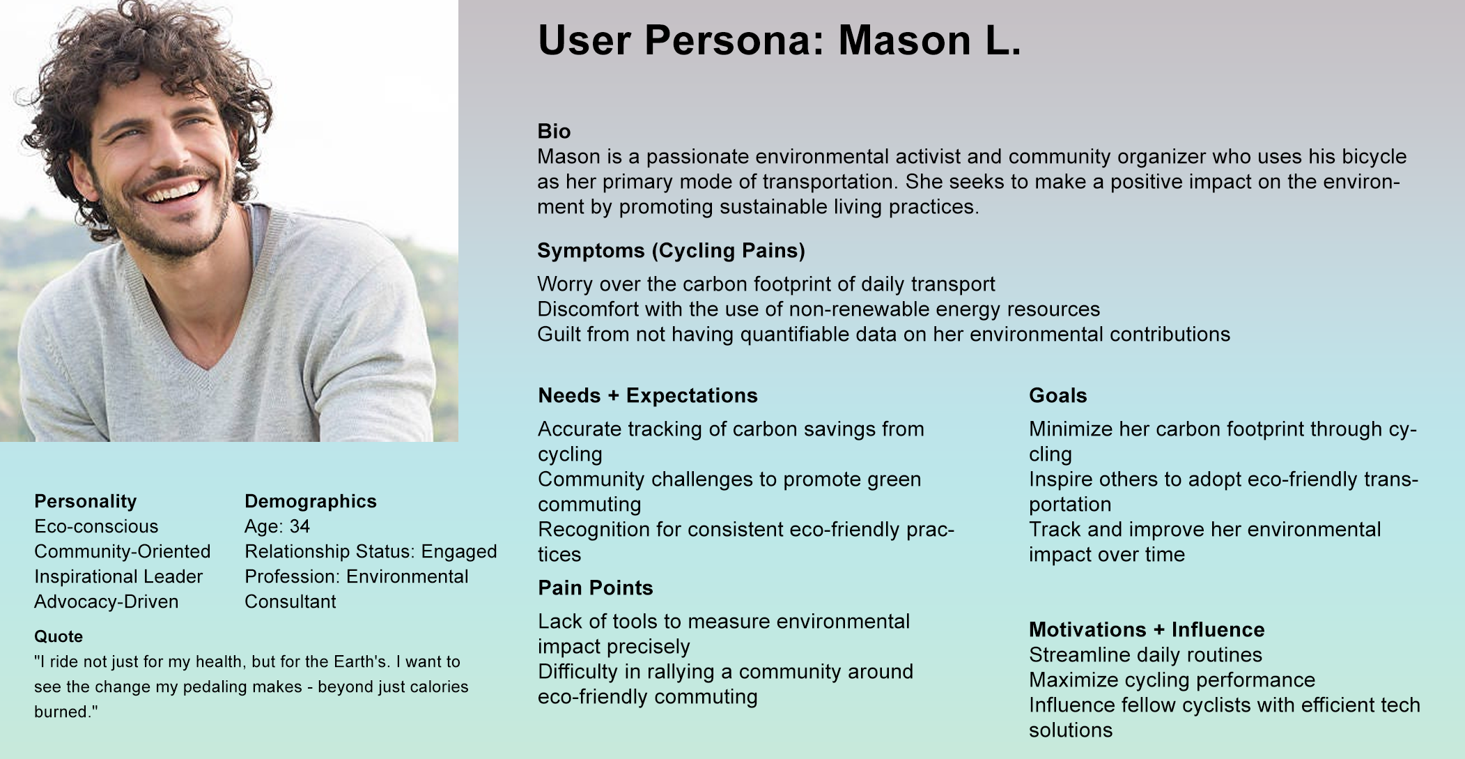 Profile page for Mason L., an environmentally conscious individual with a smiling portrait on the left and a biography, personality traits, demographics, pain points, goals, motivations, and influence statements on the right in a professional layout.