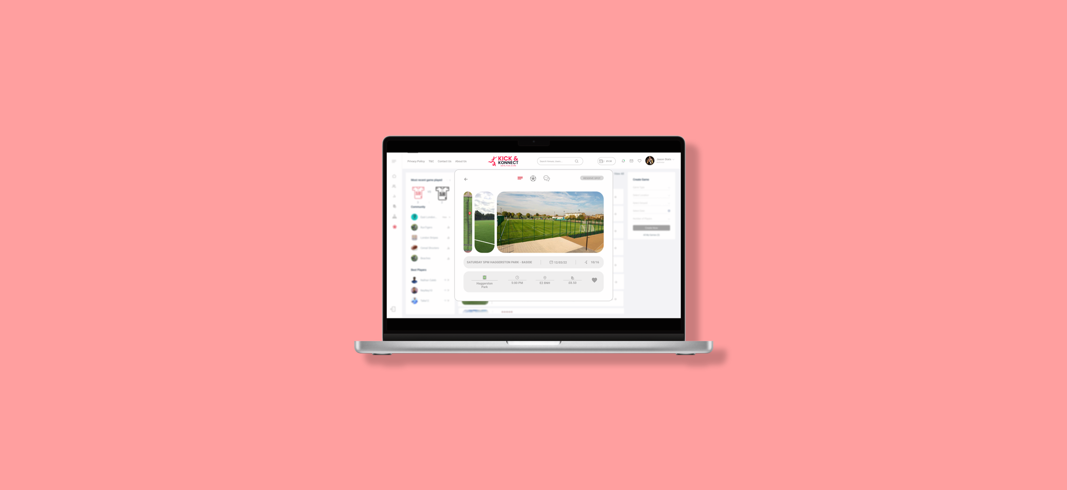 Laptop displaying a website for customizing sports equipment, featuring a flip chart for a sports field design.