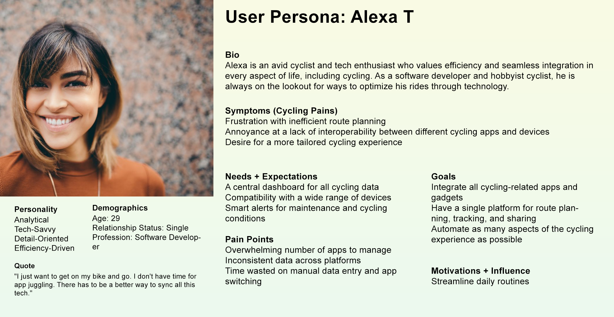 A profile overview of Alexa T, including a smiling headshot on the left and details on the right. The profile highlights her as an analytical, tech-savvy, detail-oriented, and efficiency-driven software developer and cycling enthusiast, age 29, single, with a focus on integrating cycling apps and gadgets, with goals to develop a unified cycling platform and streamline routines.