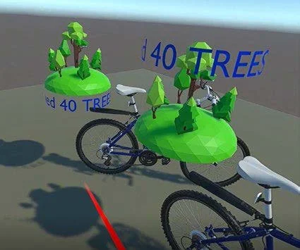A bicycle with a green 3D polygonal apple-shaped object attached to it, surrounded by 3D trees and a circular text in blue that says 'I <3 40 TREES', on a flat surface against a blue sky background.