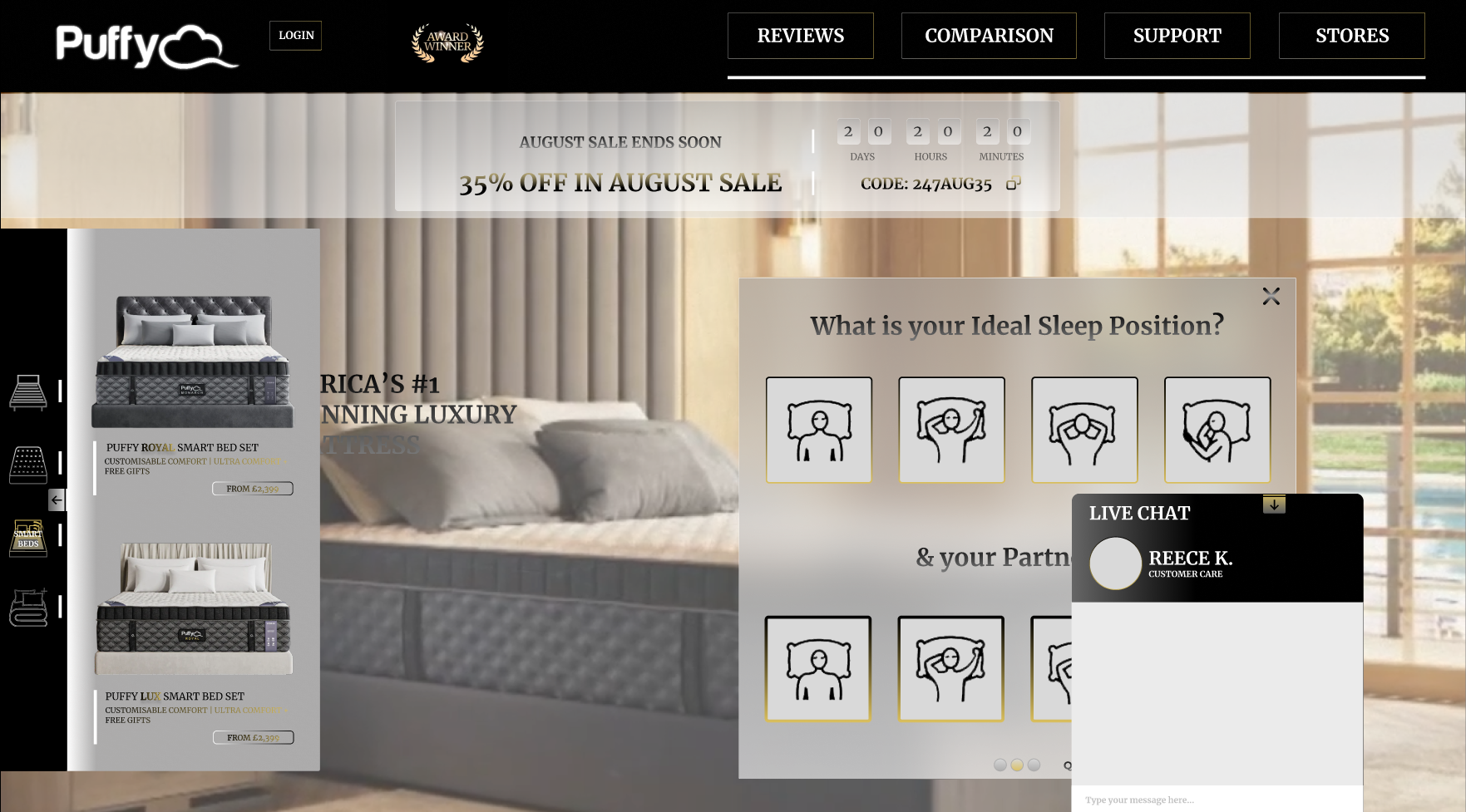 Screenshot of an online mattress store website featuring different bed sets, a promotion for an August sale, and a sleep position selection prompt with interactive options. The website header includes navigation links for reviews, comparison, support, and stores, along with a login button.