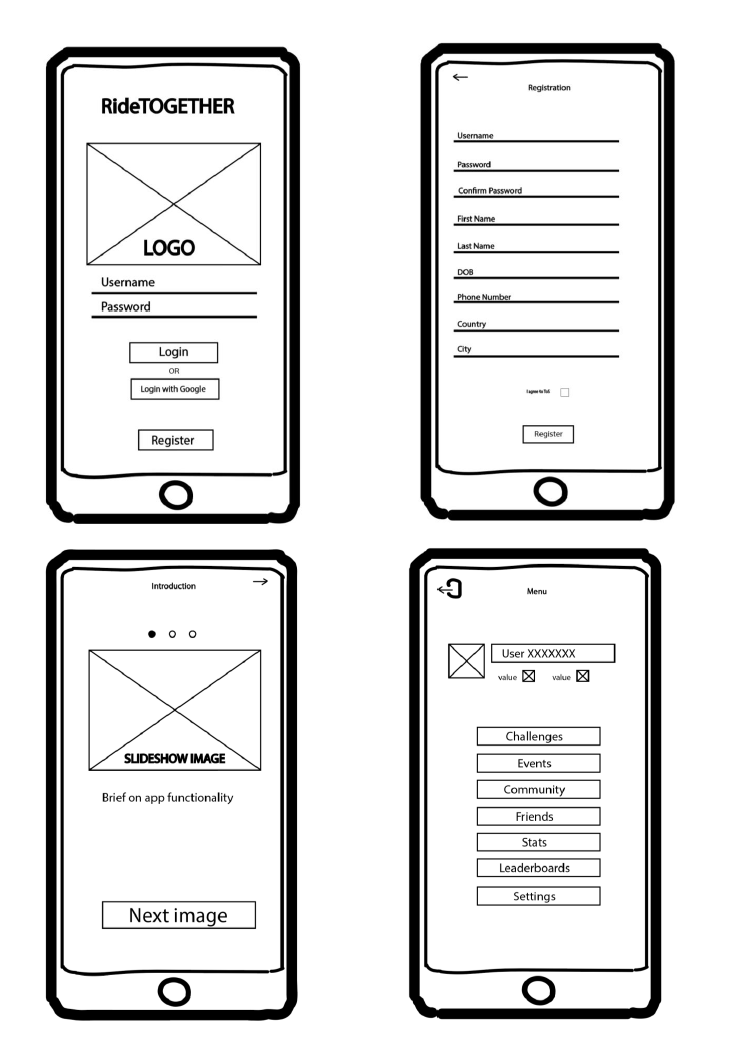 Four smartphone screens displaying an app interface for RideTOGETHER, showing login, registration, app introduction, and menu screens.