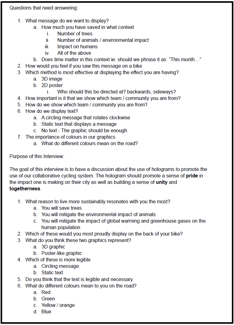 A screenshot of a questionnaire or interview guide about environmental messaging, display methods, and colors in graphics, including questions about sustainability, teamwork, graphic types, and color meanings.