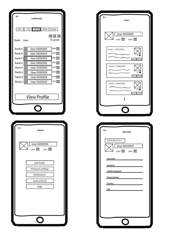 Line drawing of four smartphone screens displaying a mobile app interface, including leaderboards, event logs, settings, and profile editing screens.