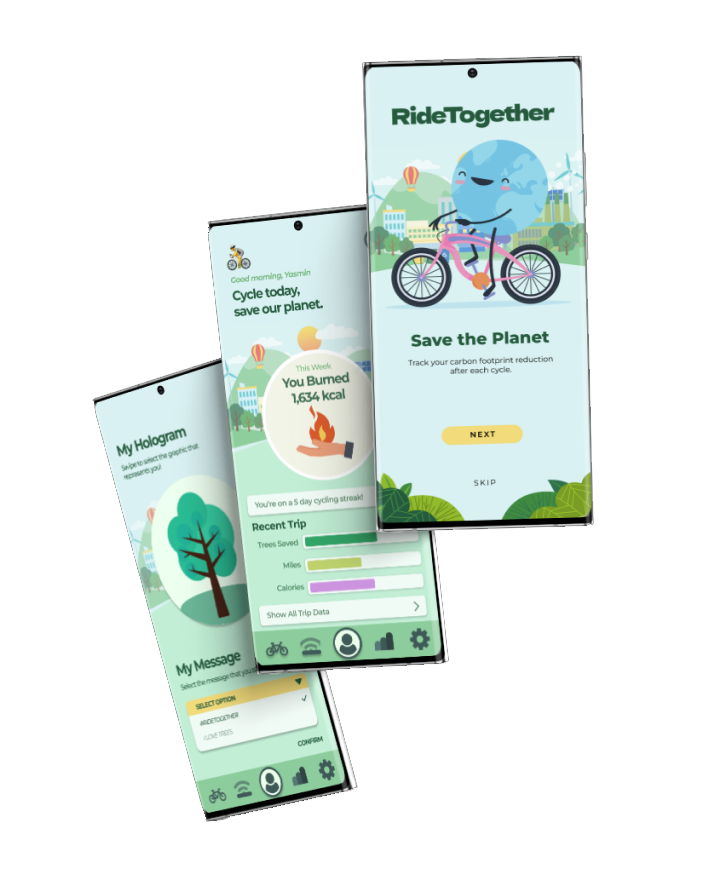 Three mobile phone screens showing an eco-friendly cycling app with messages about saving the planet, tracking carbon footprint, and recent cycling activity, with colorful illustrations of trees, a globe, and a bicycle.